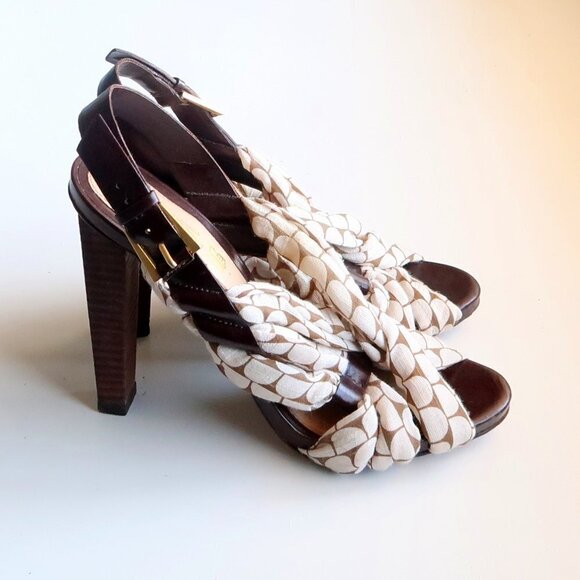 LAMB Brown Leather & Cream Canvas Sling-back Open Toe Sandals / Heels / Shoes 7. - Picture 10 of 14
